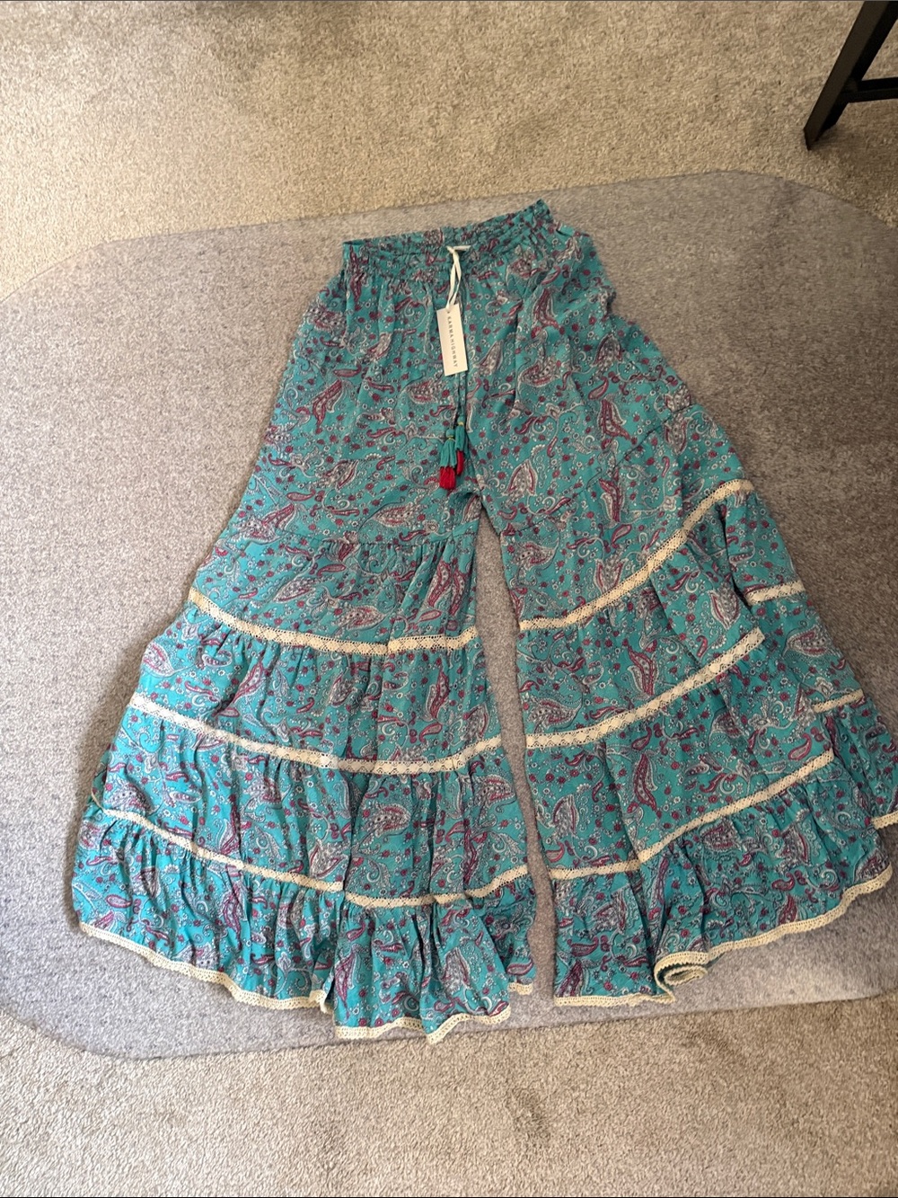 Bohemian Teal Paisley Tiered Wide Leg Pants with Drawstring Waist